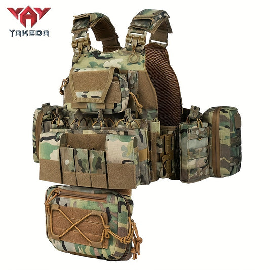 YAKEDA 1000D Nylon Tactische Vest - Aanpasbaar, Afneembaar Molle Backpack met Meerdere Zakken, Geen Plaat, Outdoor Beschermingsuitrusting, Aanpasbare Schouderband Vest|Camouflagepatroon|Duurzame Stof