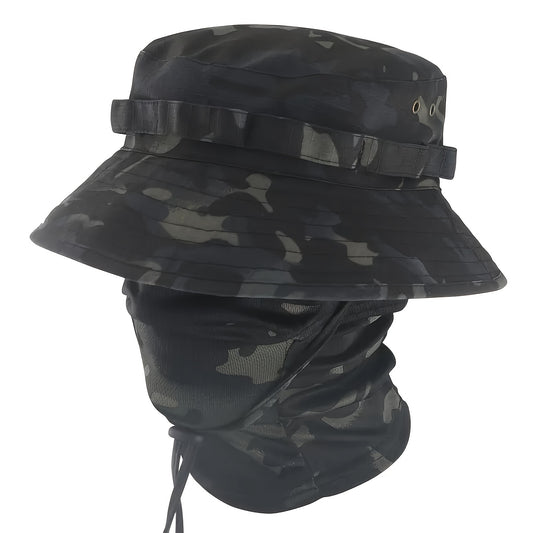 Tweede generatie ronde rand camouflage zonnehoed met camouflage gezichtsdoek set, tweede generatie camouflage beanie hoed met camouflage hoofddeksel.