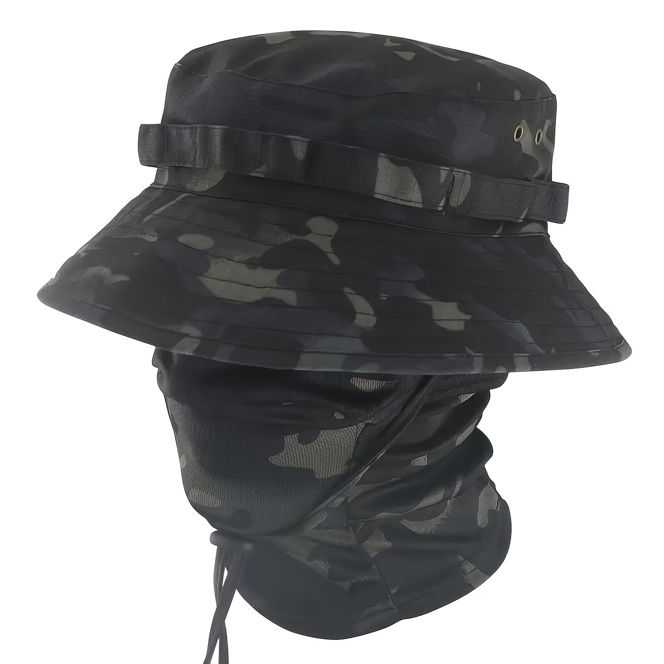 Tweede generatie ronde rand camouflage zonnehoed met camouflage gezichtsdoek set, tweede generatie camouflage beanie hoed met camouflage hoofddeksel.