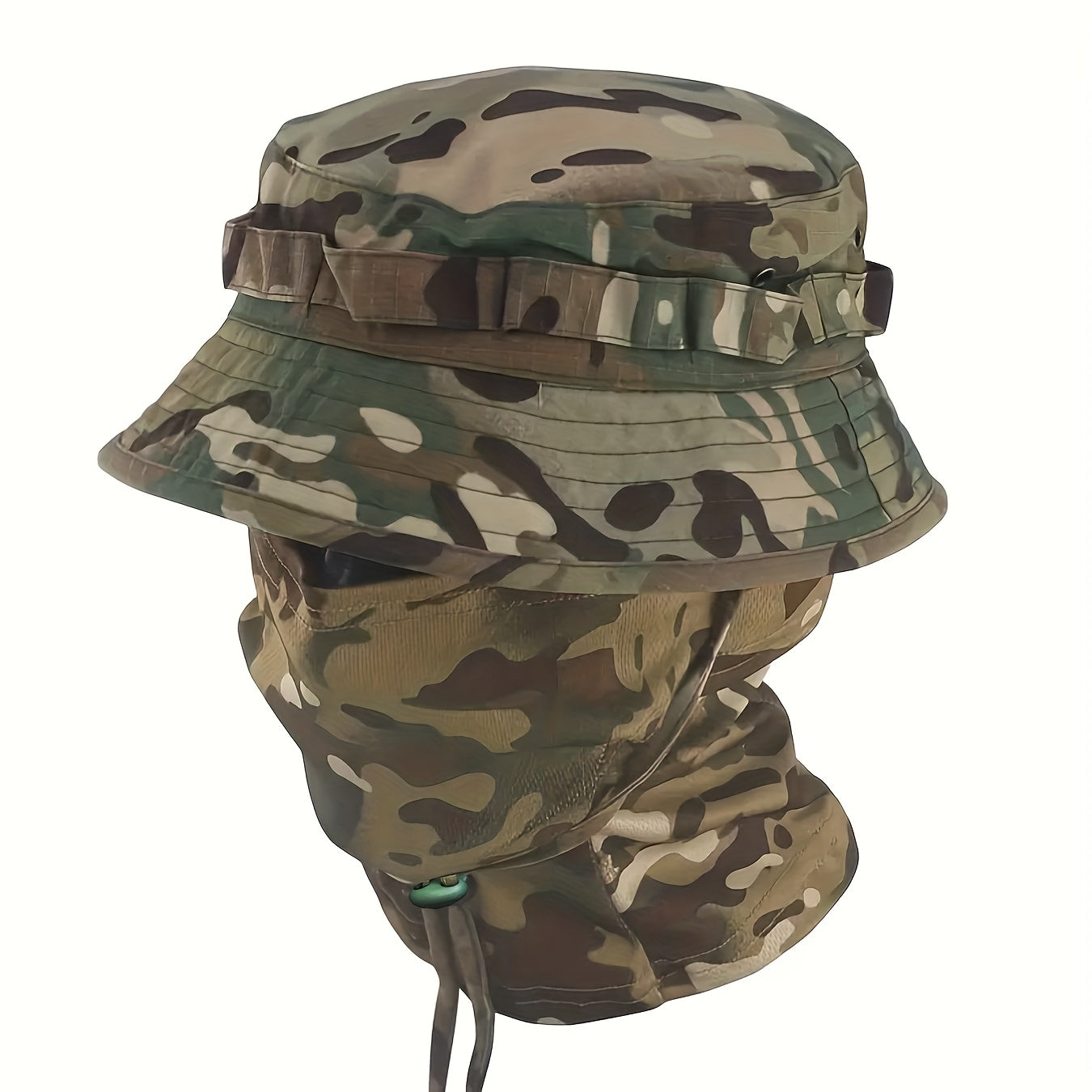 Tweede generatie ronde rand camouflage zonnehoed met camouflage gezichtsdoek set, tweede generatie camouflage beanie hoed met camouflage hoofddeksel.