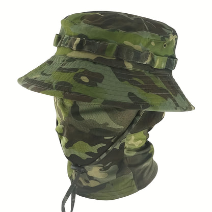 Tweede generatie ronde rand camouflage zonnehoed met camouflage gezichtsdoek set, tweede generatie camouflage beanie hoed met camouflage hoofddeksel.