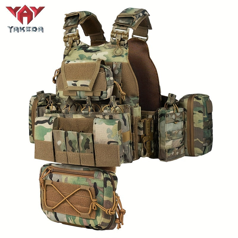 YAKEDA 1000D Nylon Tactische Vest - Aanpasbaar, Afneembaar Molle Backpack met Meerdere Zakken, Geen Plaat, Outdoor Beschermingsuitrusting, Aanpasbare Schouderband Vest|Camouflagepatroon|Duurzame Stof