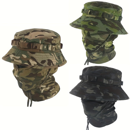 Tweede generatie ronde rand camouflage zonnehoed met camouflage gezichtsdoek set, tweede generatie camouflage beanie hoed met camouflage hoofddeksel.