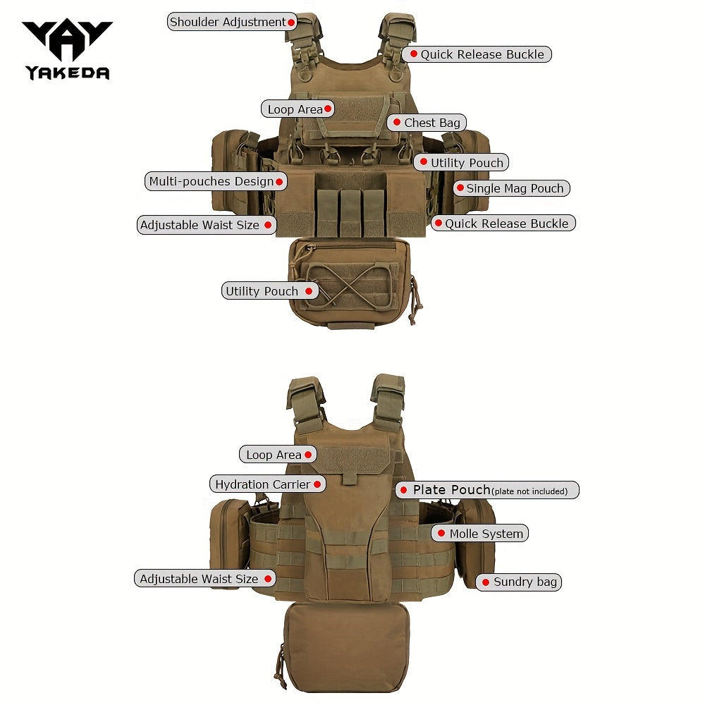 YAKEDA 1000D Nylon Tactische Vest - Aanpasbaar, Afneembaar Molle Backpack met Meerdere Zakken, Geen Plaat, Outdoor Beschermingsuitrusting, Aanpasbare Schouderband Vest|Camouflagepatroon|Duurzame Stof