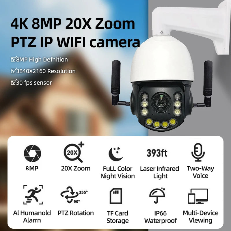4k Hoge-Zoom WiFi PTZ 360 IP-Camera 20× Optisch