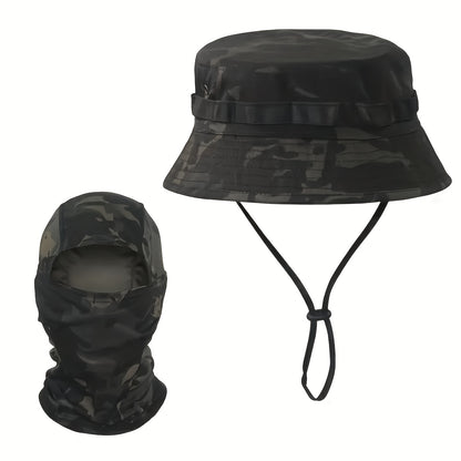 Tweede generatie ronde rand camouflage zonnehoed met camouflage gezichtsdoek set, tweede generatie camouflage beanie hoed met camouflage hoofddeksel.